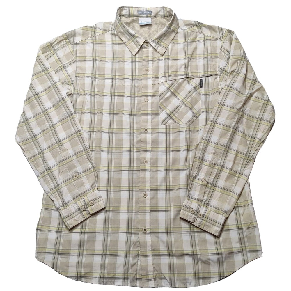 COLUMBIA Men Size XL Beige Yellow Plaid Long Sleeve Button-Up Shirt